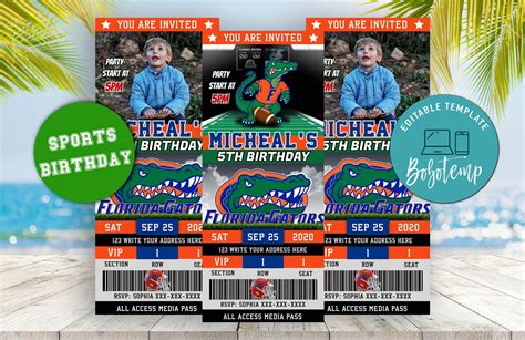 Editable Florida Gators Football Birthday Ticket Invitation | Bobotemp