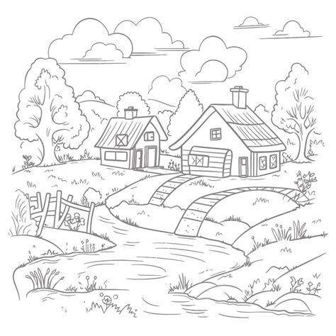 Farm House And Stream Coloring Page Outline Sketch Drawing Vector, House Drawing, Wing Drawing ...