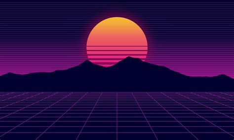 Vaporwave futuristic 80's landscape and sun on background with 3D grid ...