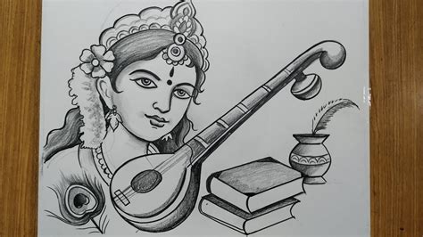 how to draw maa saraswati face with pencil sketch,drawing devi saraswati & with bina, - YouTube