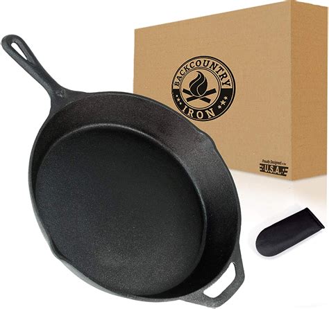 Backcountry Cast Iron Skillet (12 Inch Large Frying Pan + Cloth Handle Mitt, Pre-Seasoned for ...