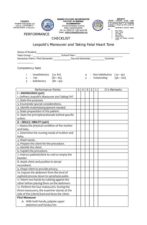 Leopolds Manuever Performance Checklist - PERFORMANCE CHECKLIST Leopold’s Maneuver and Taking ...