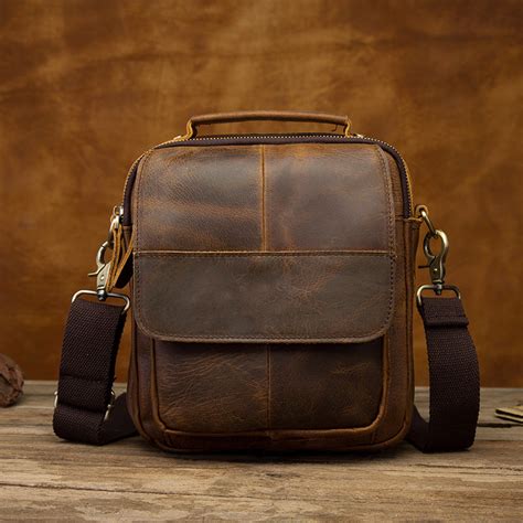 Vintage Brown Leather Mens Small Vertical Side Bags Shoulder Bags Mess – iwalletsmen