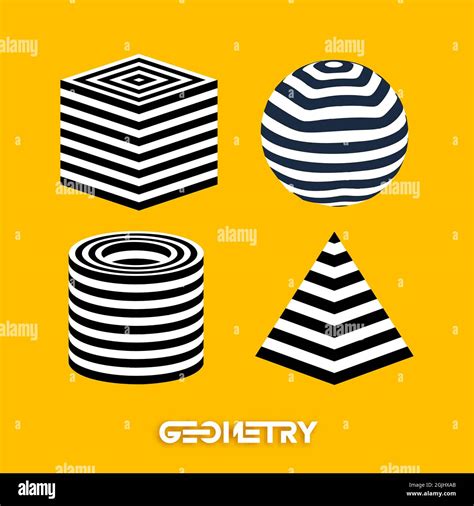 Optical illusion geometric figures on yellow background vector set. Pyramid striped. Cylinder ...