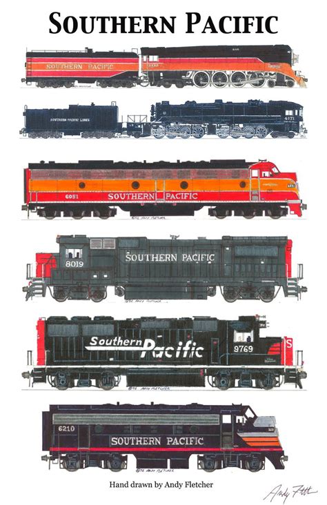 6 hand draw Southern Pacific engine drawings by Andy Fletcher ...