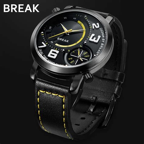 Break Top Luxury Men Casual Fashion Sport Dual Time Quartz Wristwatches Black Leather Strap ...