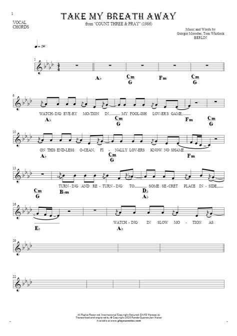 Take My Breath Away - Notes, lyrics and chords for vocal with accompaniment | PlayYourNotes