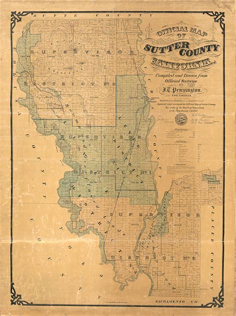 Sutter County Map, California CA 1873. Vintage Restoration Hardware Home Deco Style Old Wall ...