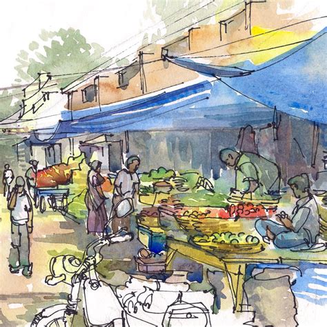 India Sketch, Farmer's Market Under the Blue Tarps, Fresh Vegetables and Fruit Bazaar, A ...