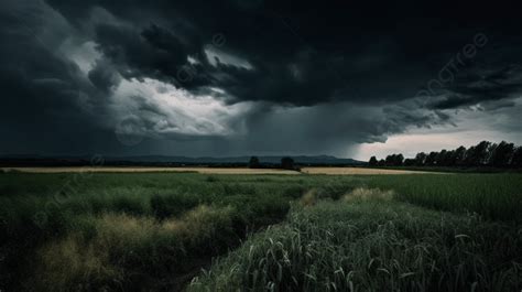 Dark Stormy Sky Over A Field With Green Grass Background, Active Black Cloud Landscape Before ...