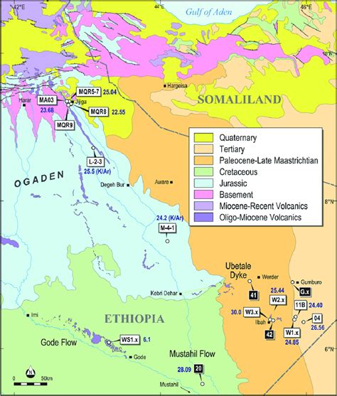 Simplified geological map of the Ogaden showing sample sites, their 40... | Download Scientific ...