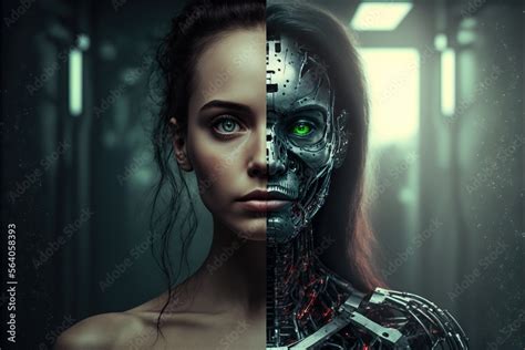 A portrait of a woman half human half robot, cyborg concept, artificial ...