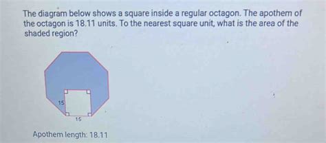 Solved: The diagram below shows a square inside a regular octagon. The apothem of the octagon is ...