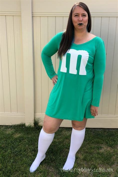 Dress up in a Green M&M Halloween Costume! This is a woman's DIY costume but can easily be ...