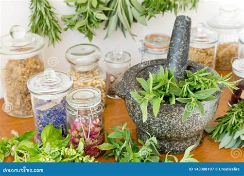 Herbal Apothecary Jars, Fresh Herbs and Stone Mortar and Pestle Stock Image - Image of bunch ...