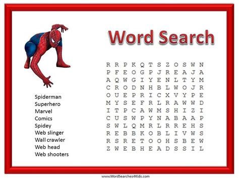 Spiderman wordsearch - Roll it up and pop into your Spiderman party ...