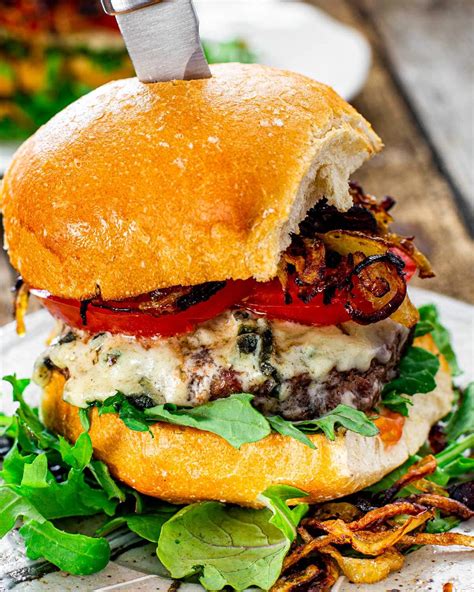 Blue Cheese Burgers with Crispy Fried Onion - Jo Cooks