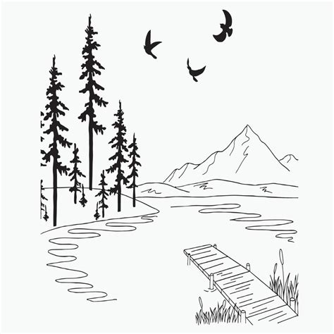 Landscape Line Art, Mountain Outline Drawing, Simple Sketch, Vector File, Scenery Lake, Forest ...