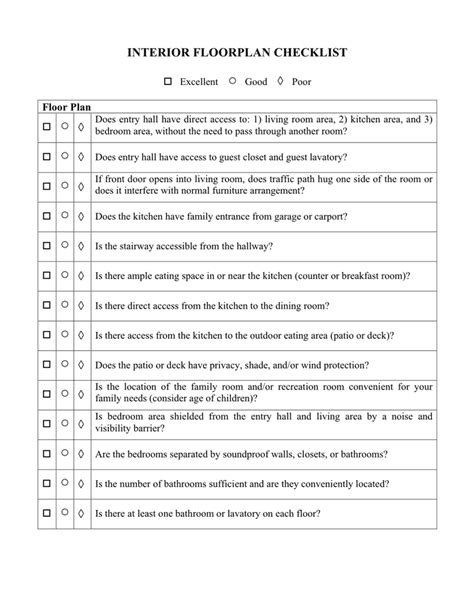 Interior floorplan checklist in Word and Pdf formats