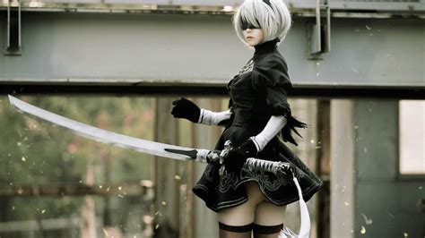 Wallpaper Nier: Automata, cosplay girl, sword, YoRHa No.2 Type B 1920x1080 Full HD 2K Picture, Image