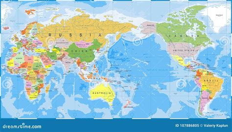 World Map Color Detailed - Asia in Center Stock Illustration - Illustration of canada, america ...