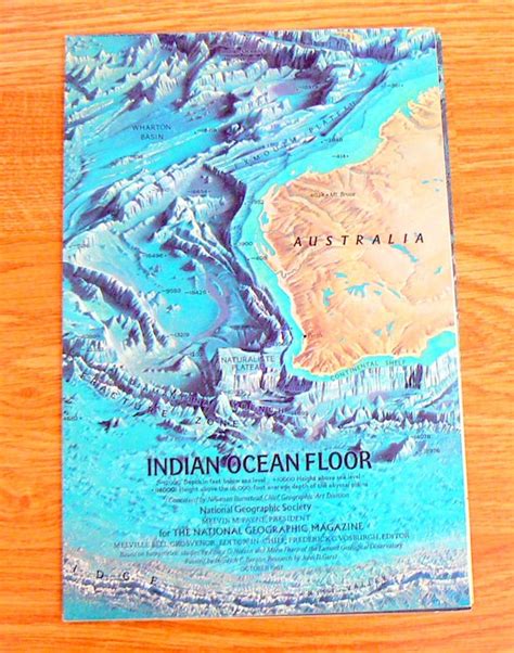 1967 MAP of Indian Ocean Floor by National Geographic Society