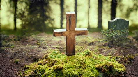 Forest dig cemetery, funeral background - Wooden cross on moss. Natural ...