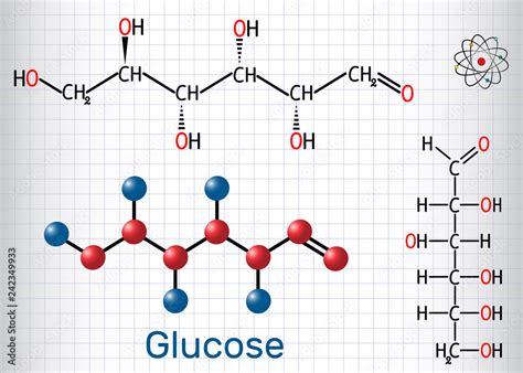 Glucose (dextrose, D-glucose) molecule. Linear form. Sheet of paper in a cage. Structural ...