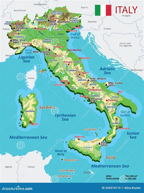 Vector Color Geographic Map of Italy with Rivers, Lakes and Oceans ...