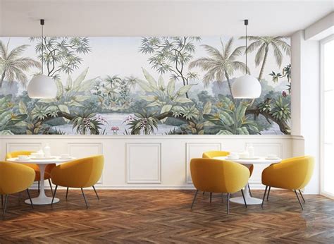 Oil Painting Tropical Rainforest Wallpaper Wall Mural, Jungle Frorest Trees Scenic Wall Mural ...