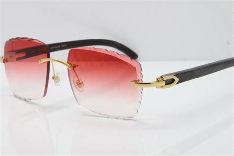 Cartier Rimless Original Black Flower Buffalo Horn 8300816 Buffs Sunglasses In Gold Red Carved ...