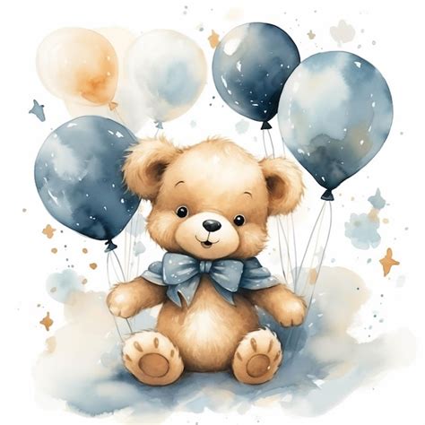 There is a teddy bear with balloons and stars on it generative ai ...