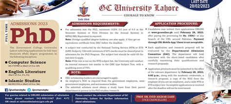 GCU Lahore Admissions 2023 | Government College University Lahore ...