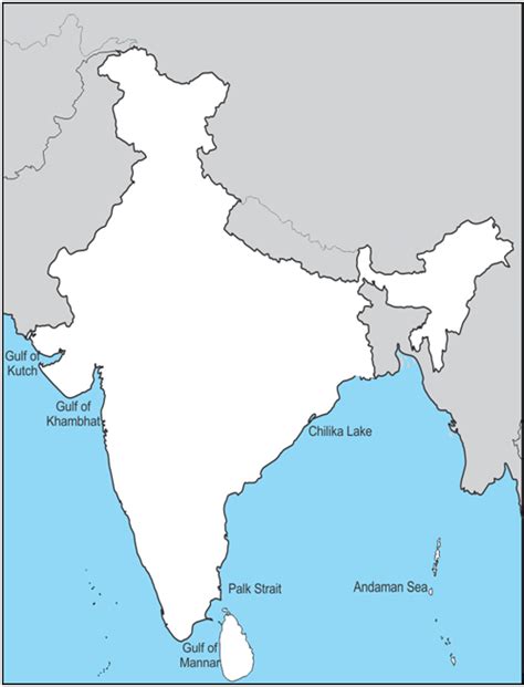 Mark the following water bodies on an outline map of India: Gulf of Kutch Gulf of Khambhat Palk ...