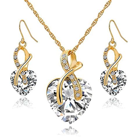 Gift! Gold Plated Jewelry Sets For Women Crystal Heart Necklace Earrings Jewellery Set Bridal ...