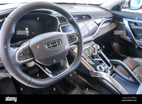 Samara, Russia - May 14, 2023: Interior design of Geely Monjaro vehicle, control board, steering ...