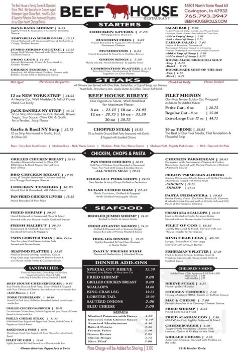 The Beef House Restaurant & Dinner Theatre menu in Covington, Indiana, USA