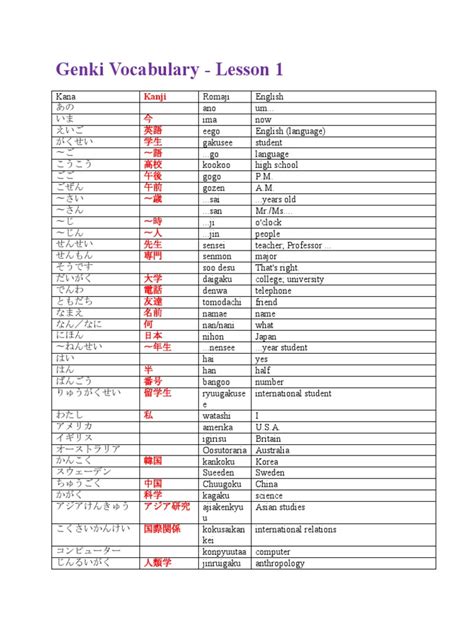 Genki Vocabulary | PDF