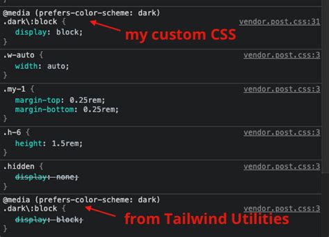 css - Tailwinds dark:hidden / dark:block won't override it's own hidden ...