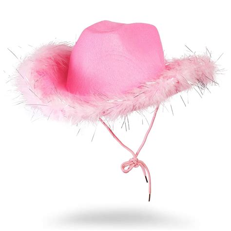 Pink Felt Cowboy Hat with Feathers and Chin Cord, Halloween Costume Accessories, Adult Size for ...