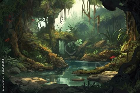 amazon rainforest, tropical vegetation, jungle landscape with creek, rocks overgrown with moss ...