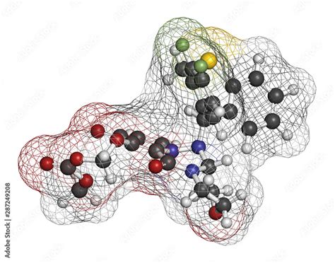 Baloxavir marboxil influenza drug molecule (cap-dependent endonuclease inhibitor). 3D rendering ...