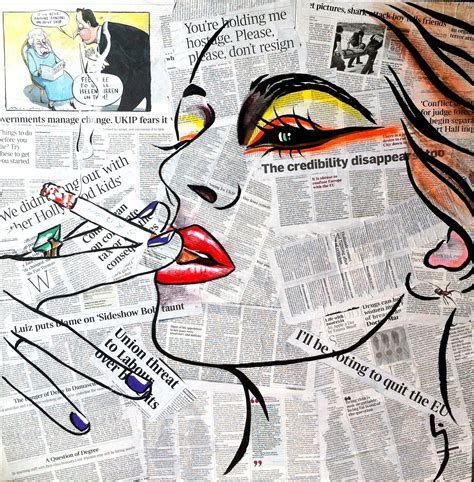 a woman's face is painted on top of a newspaper with words and images