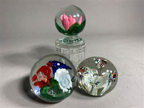 Group Lot Of 3 Local Vintage Glass Paperweights Signed