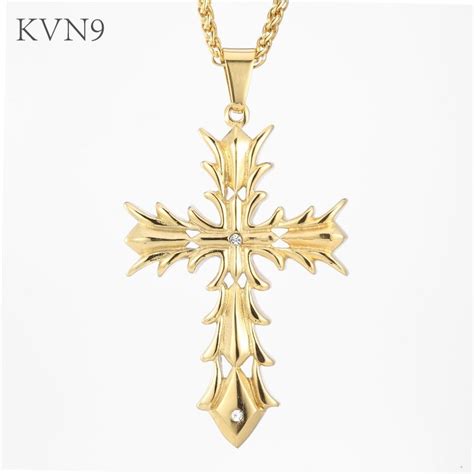 KVN9 Trendy Cross Fashion Design Pendant Necklace Gold color Jewelry Stainless Steel Rhinestone ...