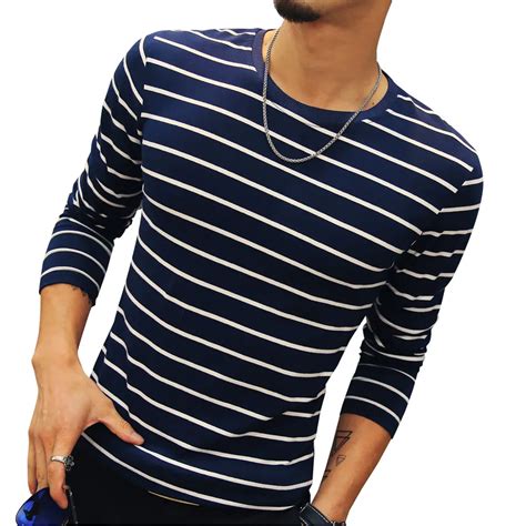 New Fashion Men's Striped T Shirt Casual Slim Fit Long Sleeve T Shirt ...