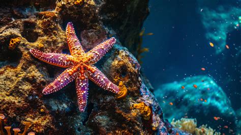 red starfish on coral reef, underwater photography of starfish, marine ...