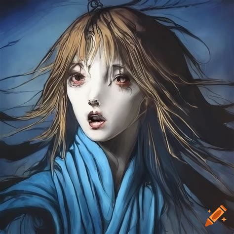 Woman with messy wavy light-brown hair in a blue robe with glowing eyes ...