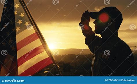 Silhouette of Military Salute of Soldier for Memorial Day Against Flag ...