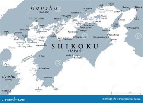 Shikoku, Gray Political Map, Region and Smallest Main Island of Japan Stock Vector ...